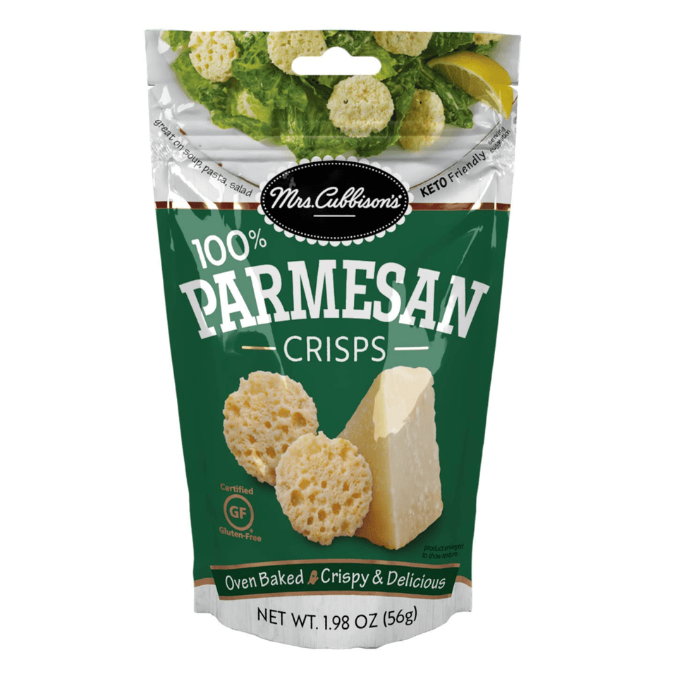 Bag of Mrs. Cubbison's 100% Parmesan Crisps, oven-baked, 1.98 oz, gluten-free.