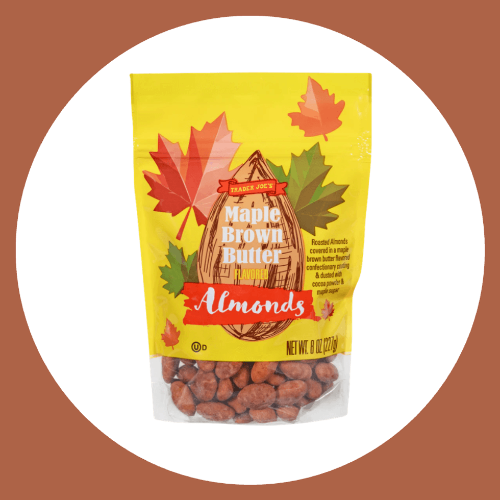 Bag of Trader Joe's Maple Brown Butter Almonds with colorful leaf design.