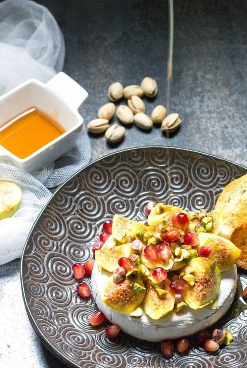 Baked Camembert With Chamomile Blossom Syrup, Figs, and Pistachios flower Blossom Water Recipes