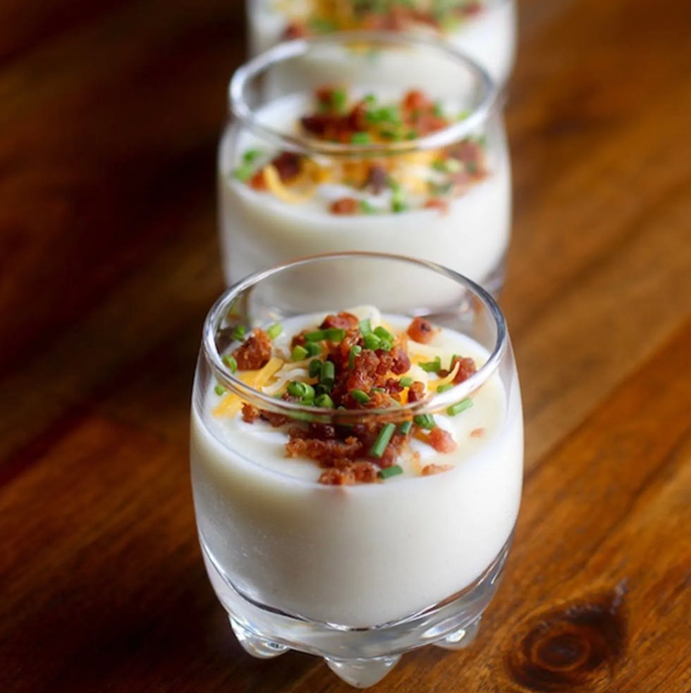 Baked Potato Shooters With Bacon, Crema, Cheese, and Chives