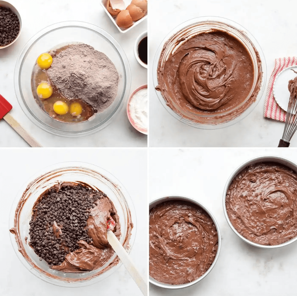 Baking process: cake mix, batter mixing, chocolate chips added, batter in two pans.