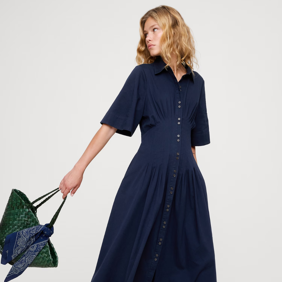 Banana Republic Stretch-Cotton Poplin Pintuck Long-Midi Shirt Dress