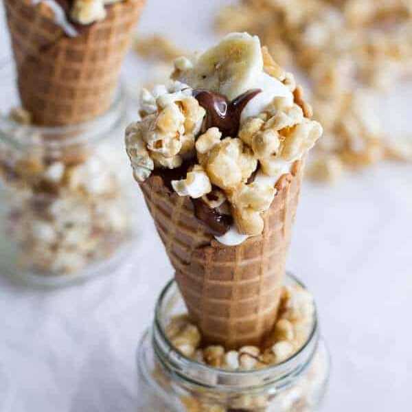 Banoffee + Nutella Greek Yogurt Waffle Cone Parfaits with Cashew Caramel Popcorn