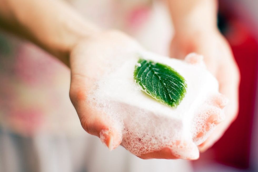 Bar of soap with leaf in it