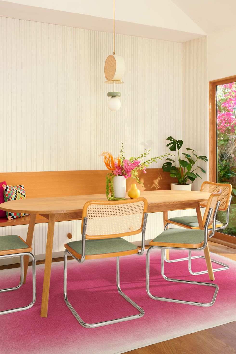 Barbie Pink Ombr\u00e9 rug inside with dining table