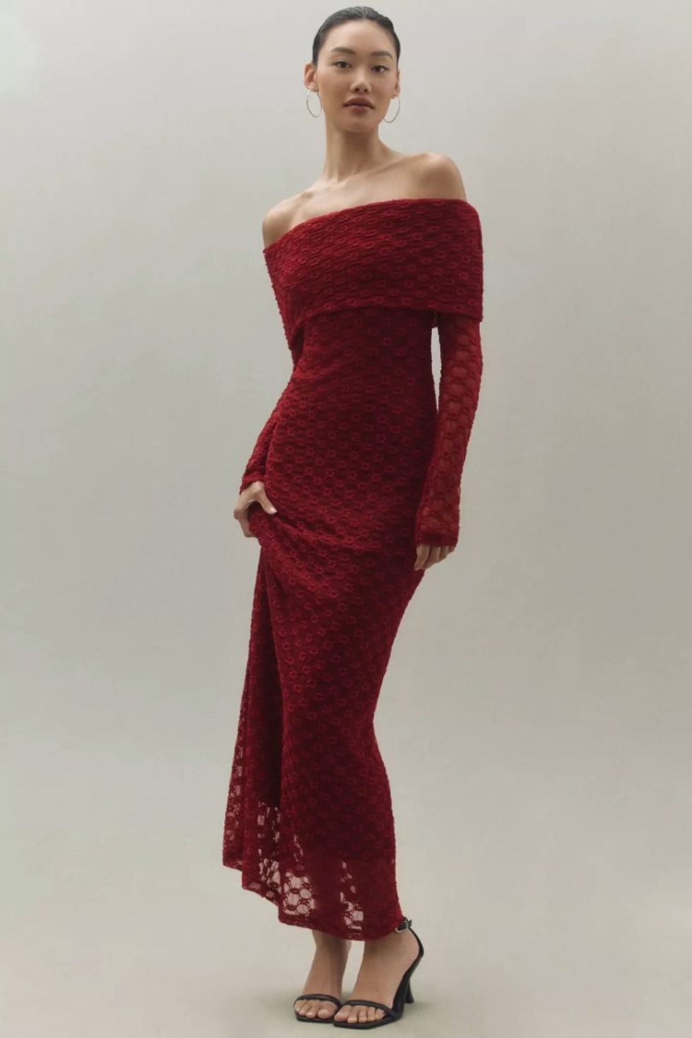 Bardot Adoni Off-The-Shoulder Fitted Stretch Lace Midi Dress