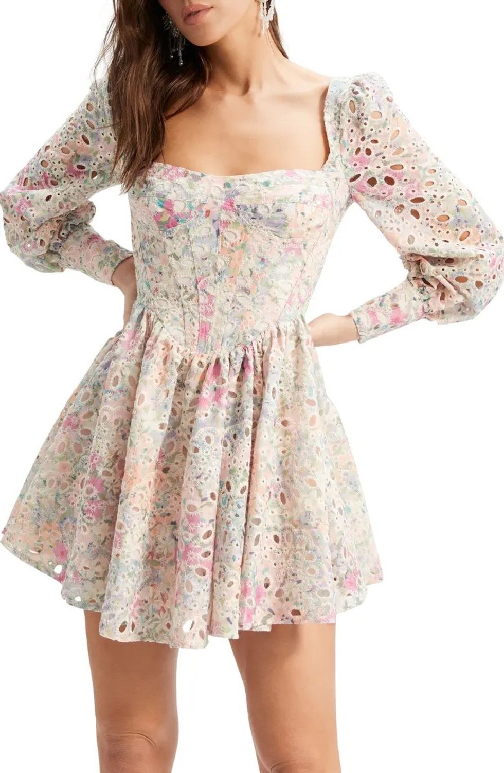 Bardot Lila Floral Eyelet Corset Long Sleeve Minidress