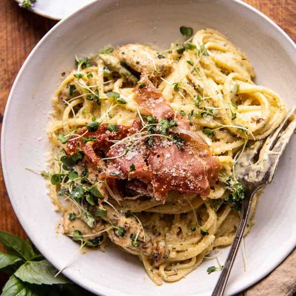 Basil Chicken Fettuccine Alfredo with Prosciutto