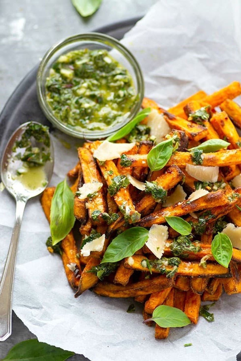 Basil Chimichurri Crispy Baked Sweet Potato Fries