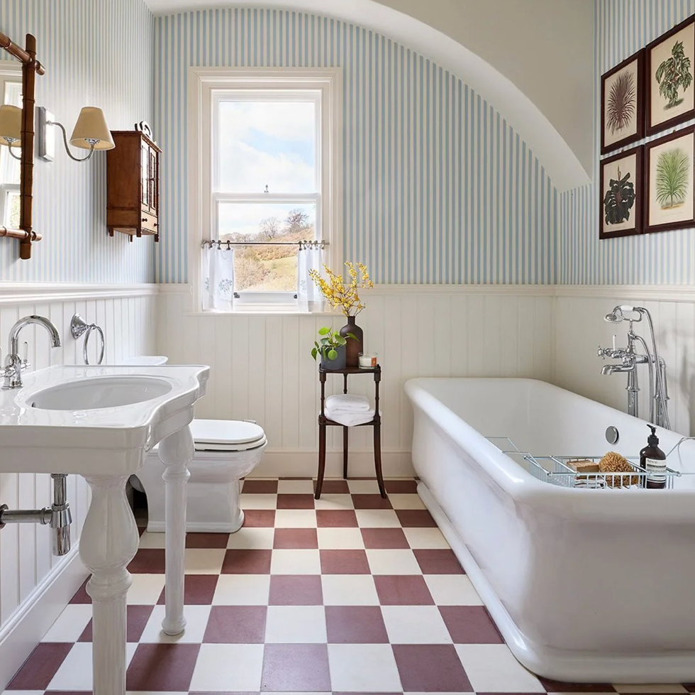 bathroom striped wallpaper