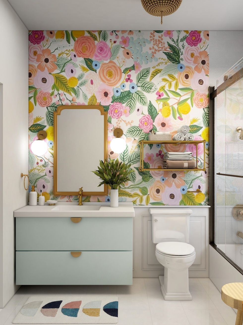 bathroom with floral wallpaper