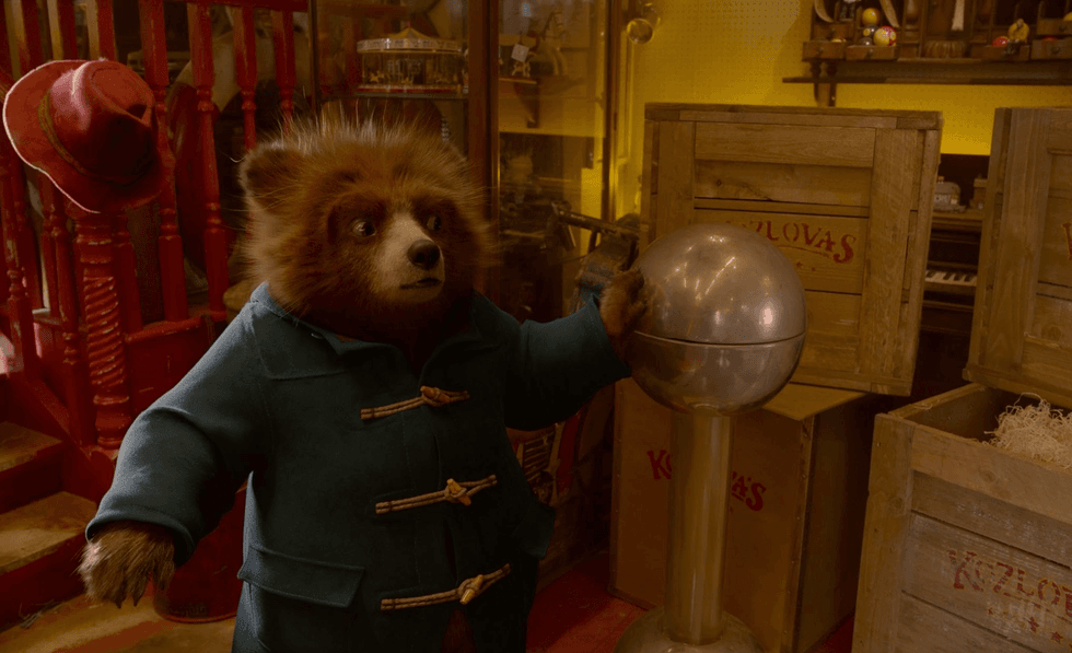 Bear in blue coat touches silver sphere in a cluttered room.