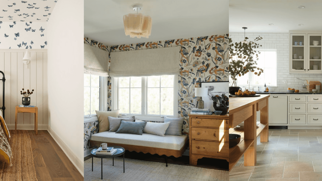 Bedroom, living area, and kitchen with distinctive wallpaper and decor elements.