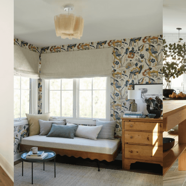 Bedroom, living area, and kitchen with distinctive wallpaper and decor elements.