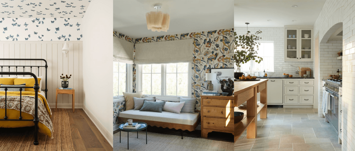 Bedroom, living area, and kitchen with unique wallpapers and modern decor.