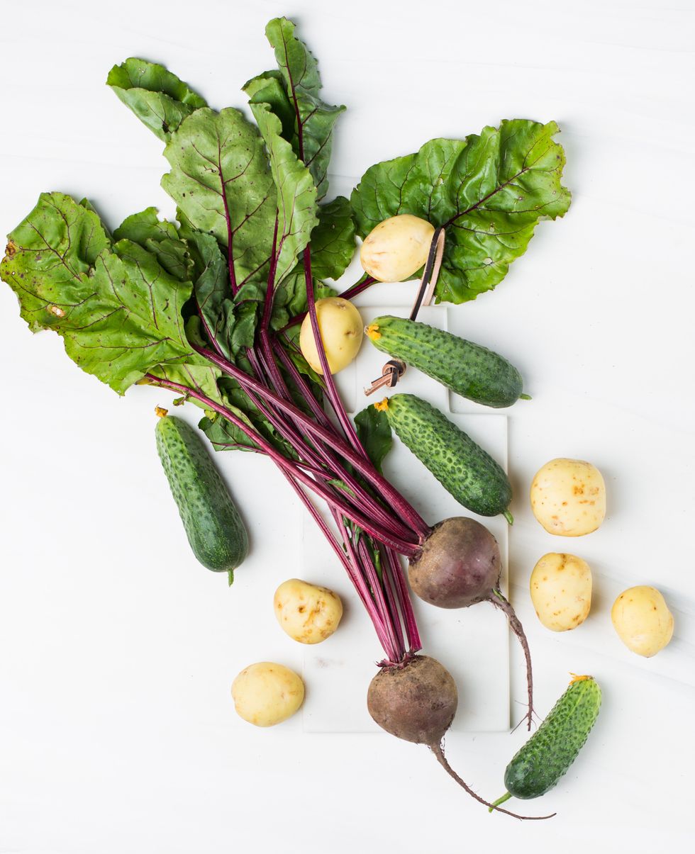 beet stems and other vegetables on a white background