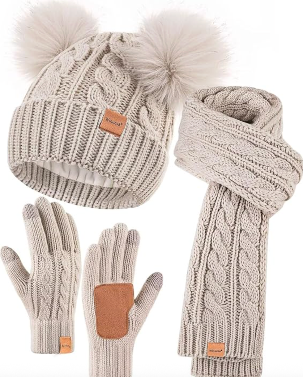 Beige knit winter set: pom-pom hat, cable scarf, touchscreen gloves.
