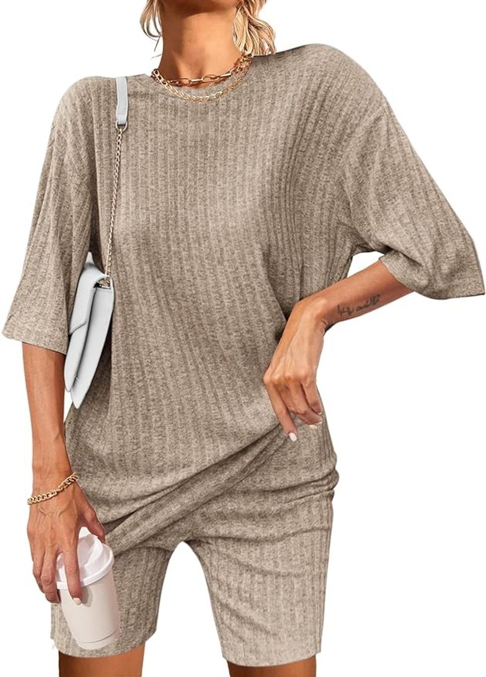 Beige Ribbed Sweater Set
