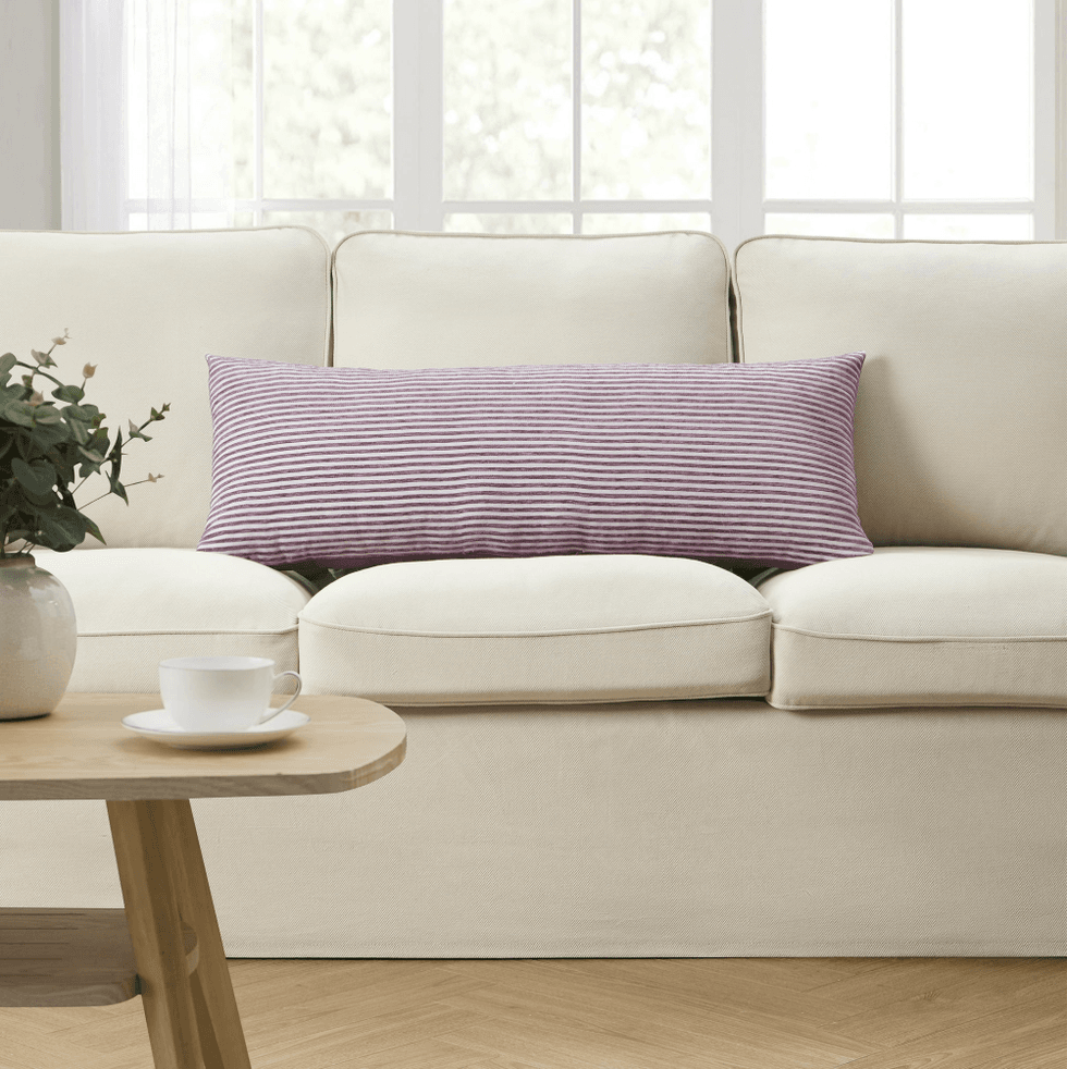 Beige sofa with a long, striped purple cushion; table with plant and cup.