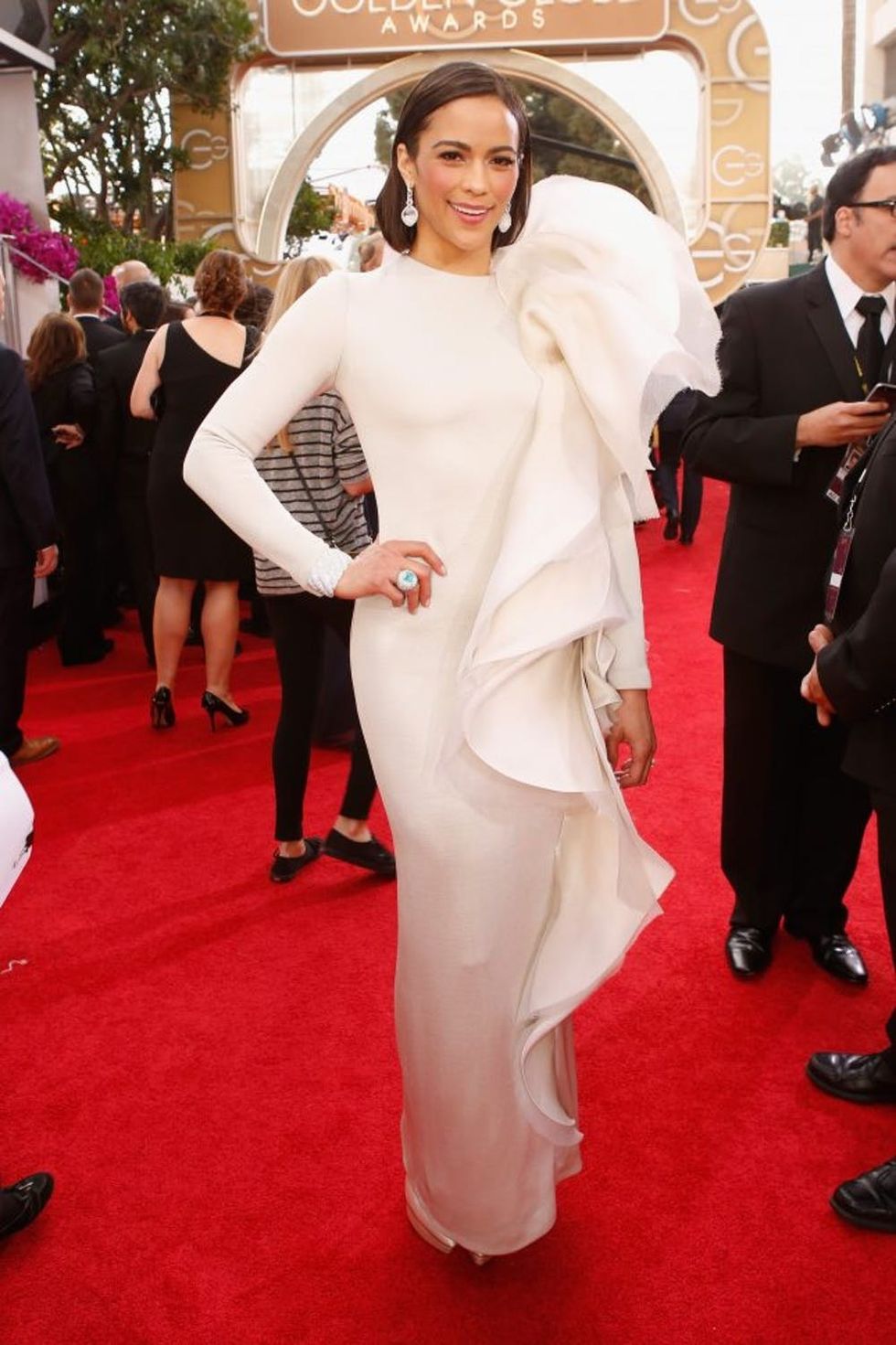 BEVERLY HILLS, CA - JANUARY 12: 71st ANNUAL GOLDEN GLOBE AWARDS -- Pictured: Actress Paula Patton arrives to the 71st Annual Golden Globe Awards held at the Beverly Hilton Hotel on January 12, 2014 -- (Photo by Trae Patton/NBC/NBC via Getty Images)