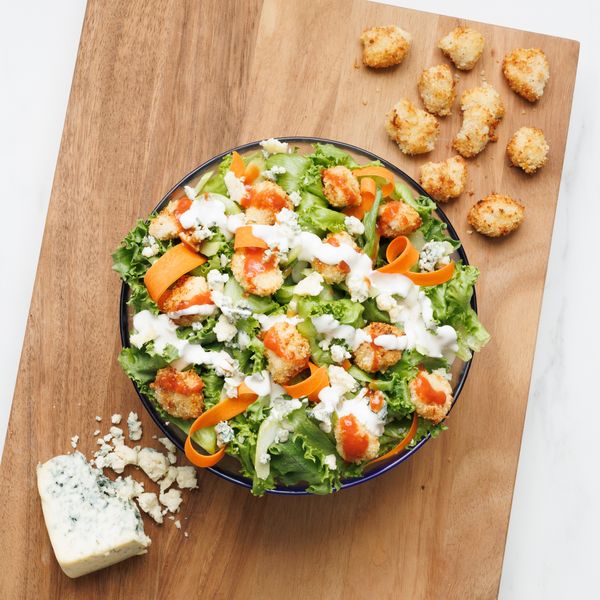 big salad recipe with chicken, carrots, celery and little leaf farms lettuce