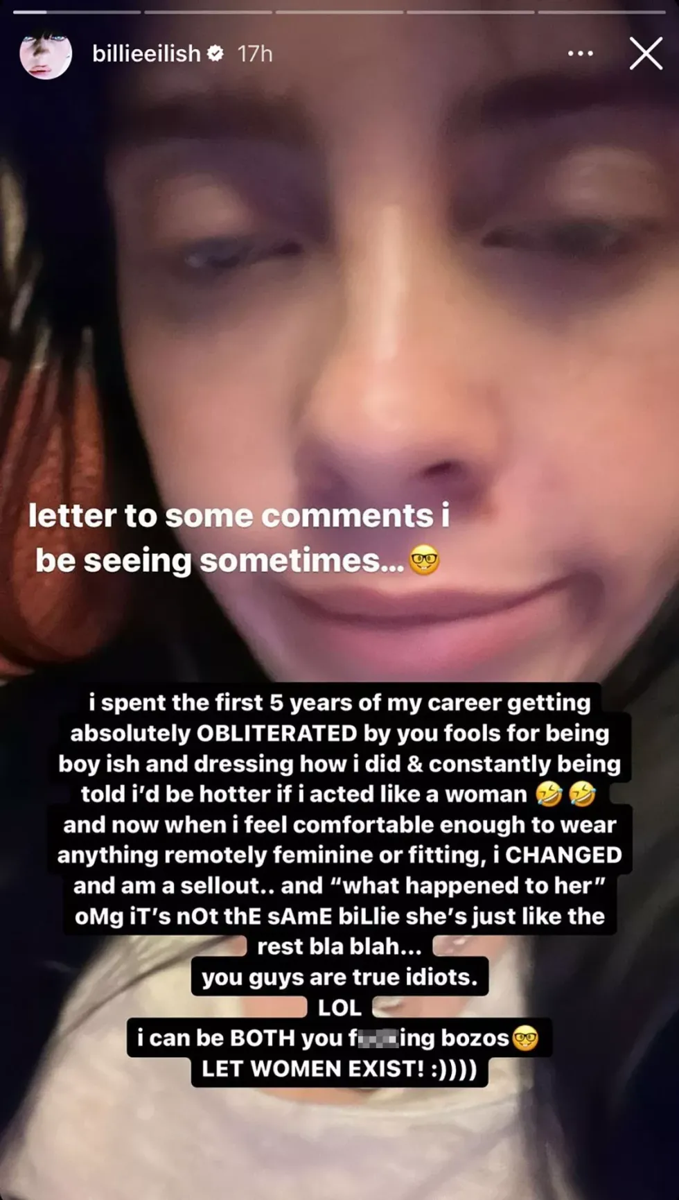 Billie Eilish Instagram Story