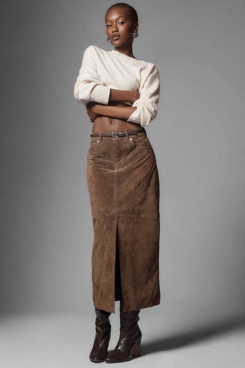 Bl-nk Black Coffee Leather Midi Skirt