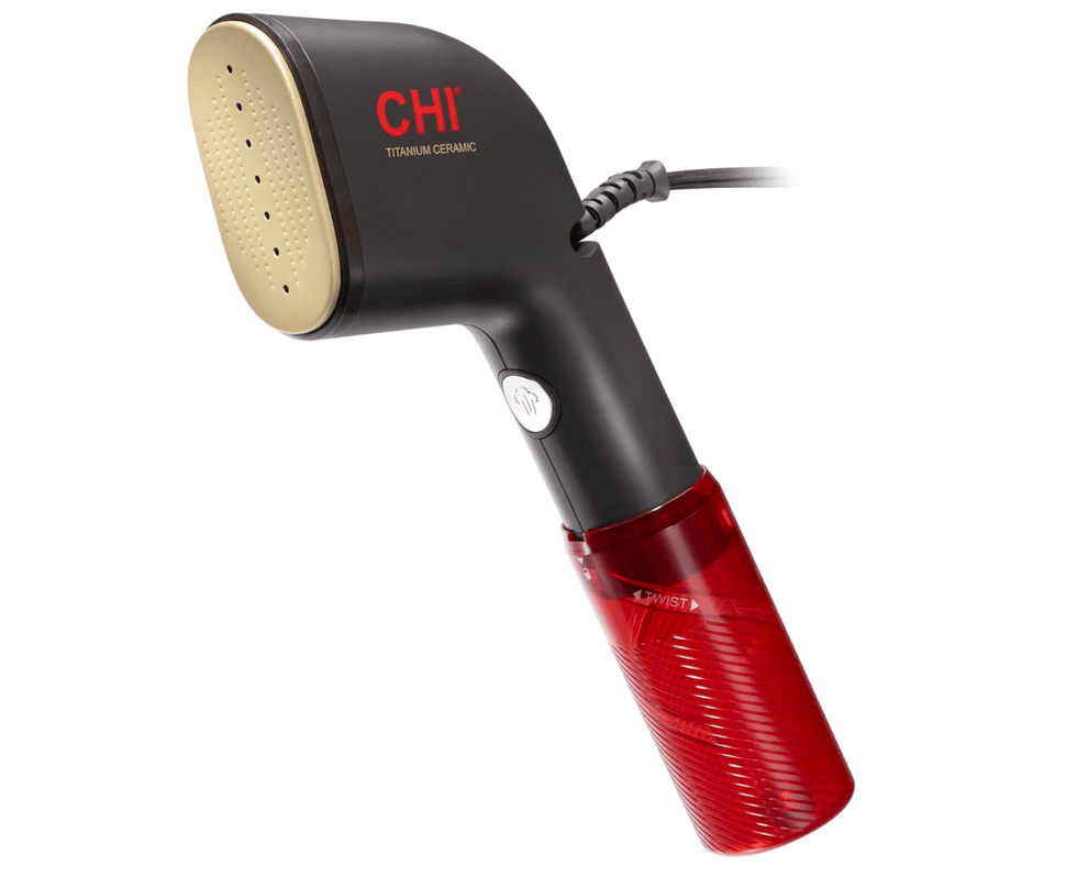 Black and red handheld garment steamer with a gold steam plate.