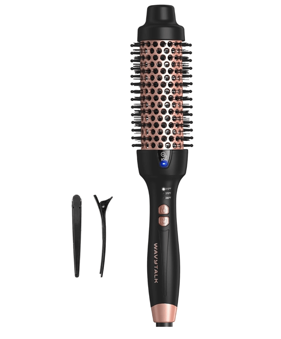 Black and rose gold hair curling brush with clips.