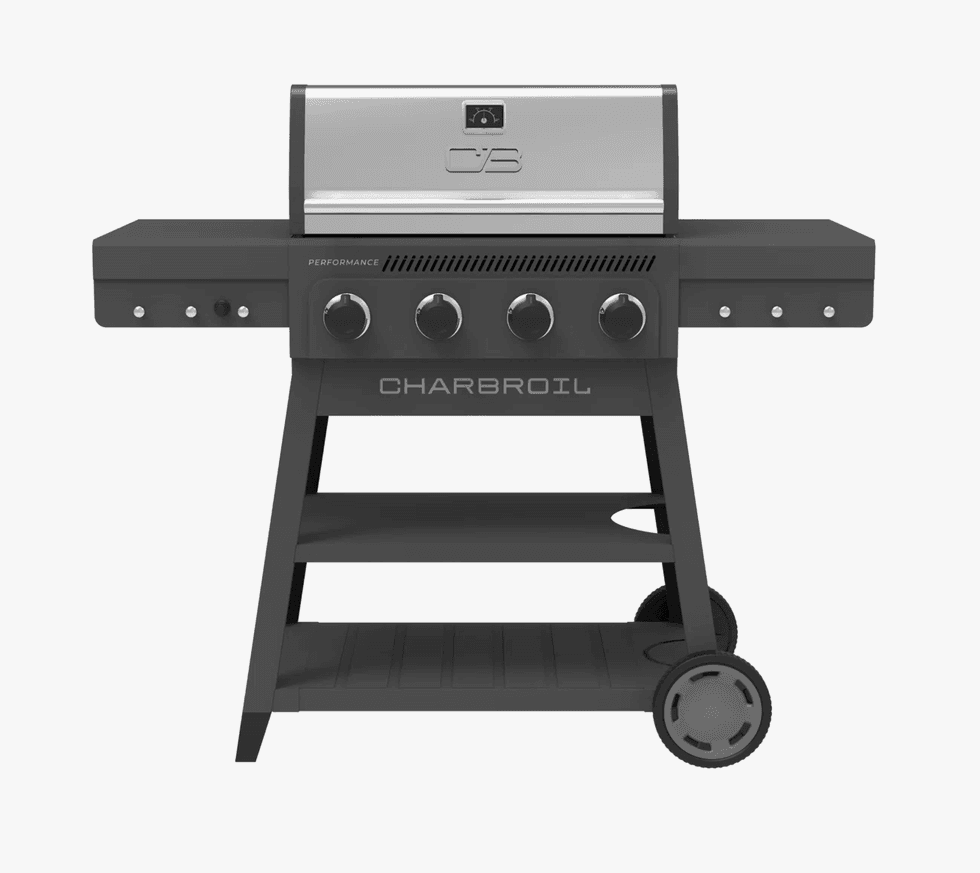 Black Char-Broil gas grill with four knobs and two side shelves.