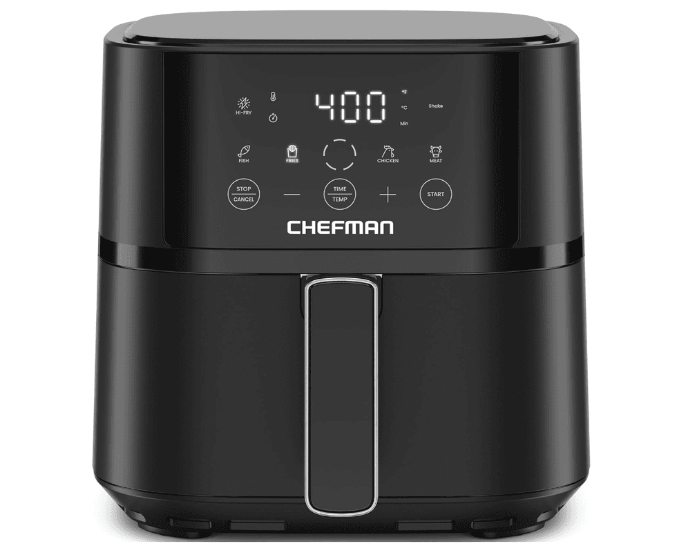 Black digital Chefman air fryer with temperature display and control buttons.