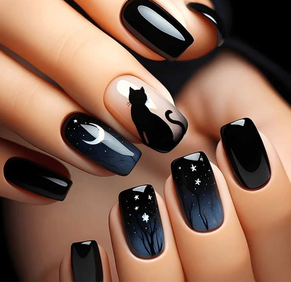 Black nails with moon, stars, and cat designs create a night sky theme.