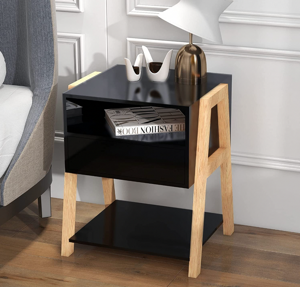 black nightstand with wood