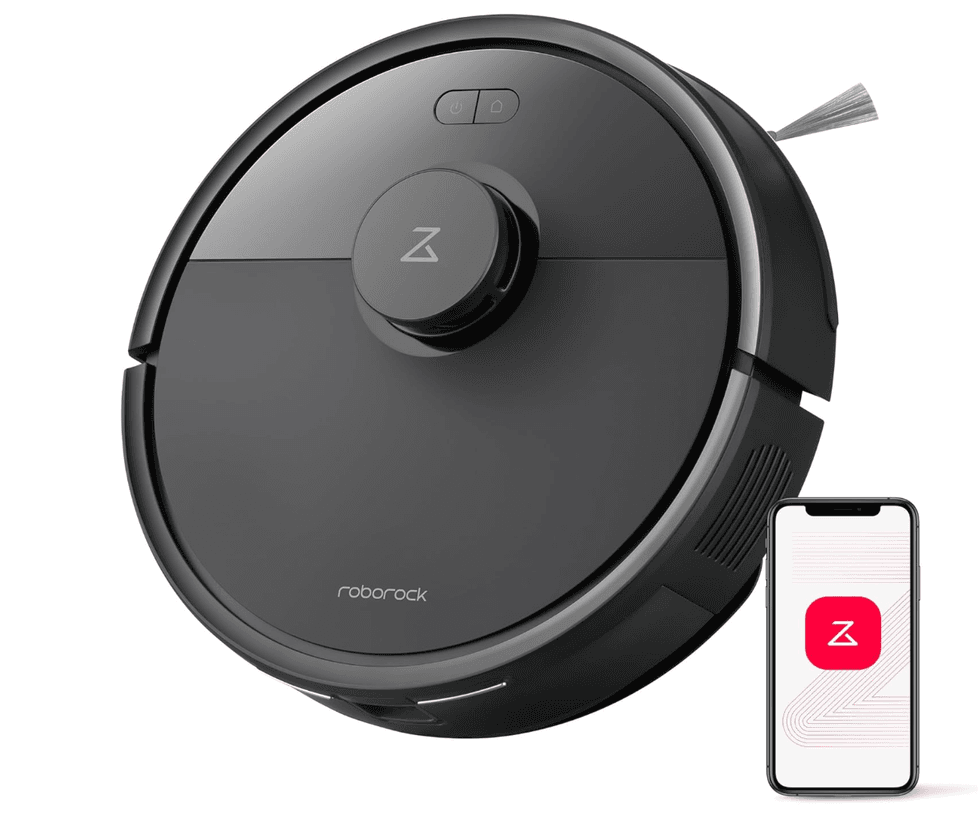 Black robotic vacuum with smartphone app for control.