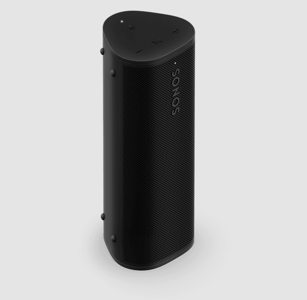 Black Sonos portable speaker standing upright against a light gray background.