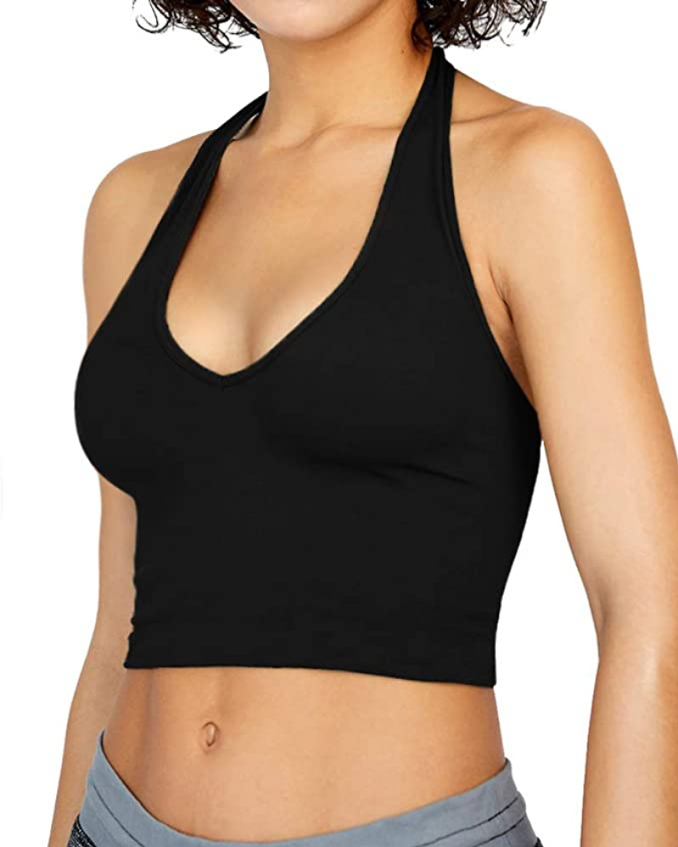 black v-neck Amazon Basic Halter Crop Top