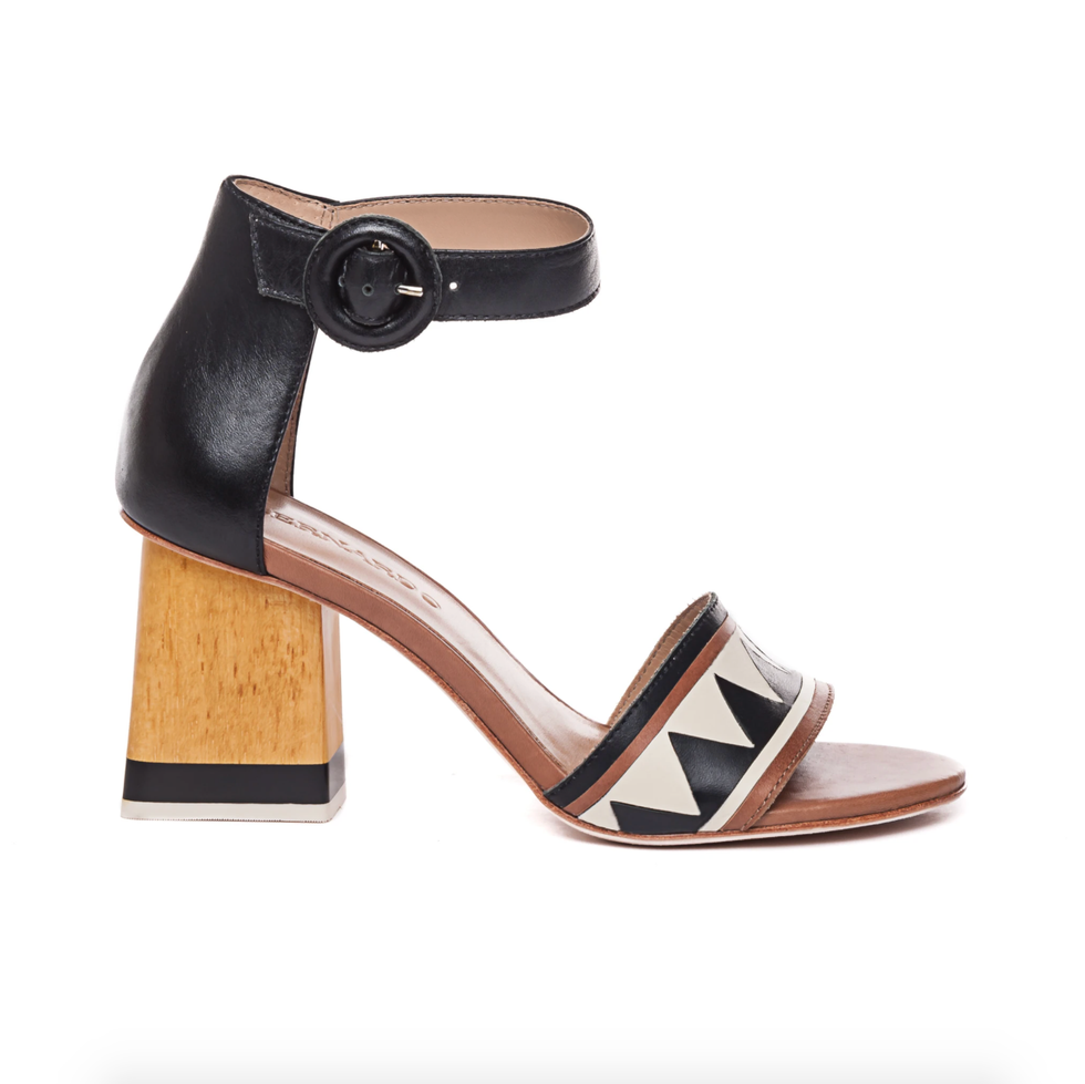 Black white brown block heel sandal