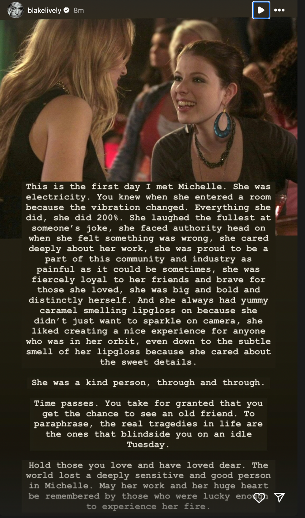 blake lively's instagram story tribute to michelle trachtenberg
