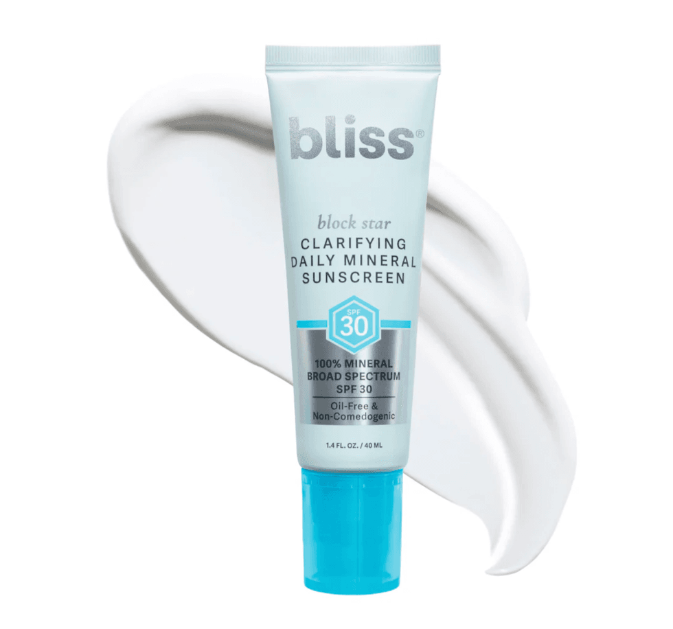 Bliss block star SPF 30 mineral sunscreen tube on white background.
