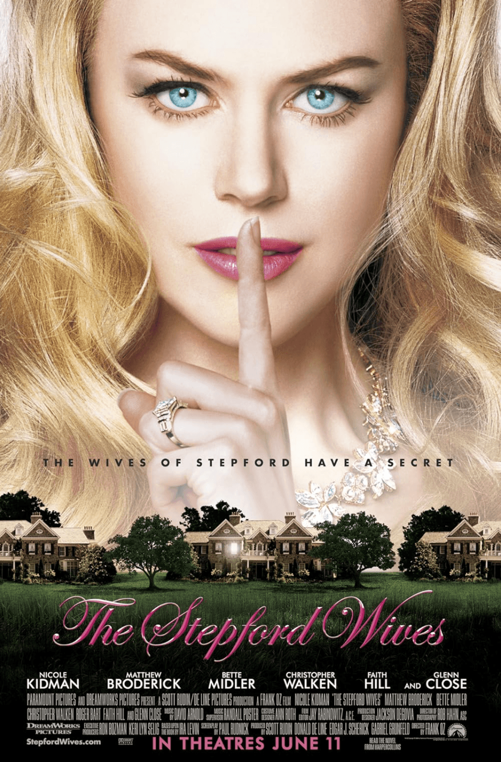 Blonde woman with finger near lips in "The Stepford Wives" movie poster.