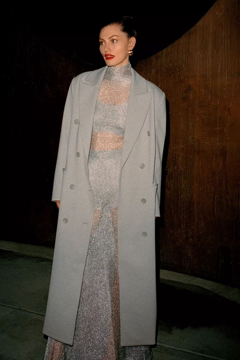 Bloni Sheer Mock-Neck Sparkle Mesh Dress and Good American Car Coat