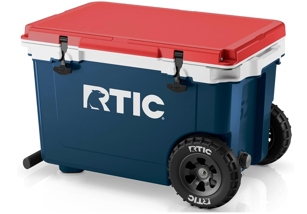 Blue and red cooler on wheels with RTIC logo and secure black latches.