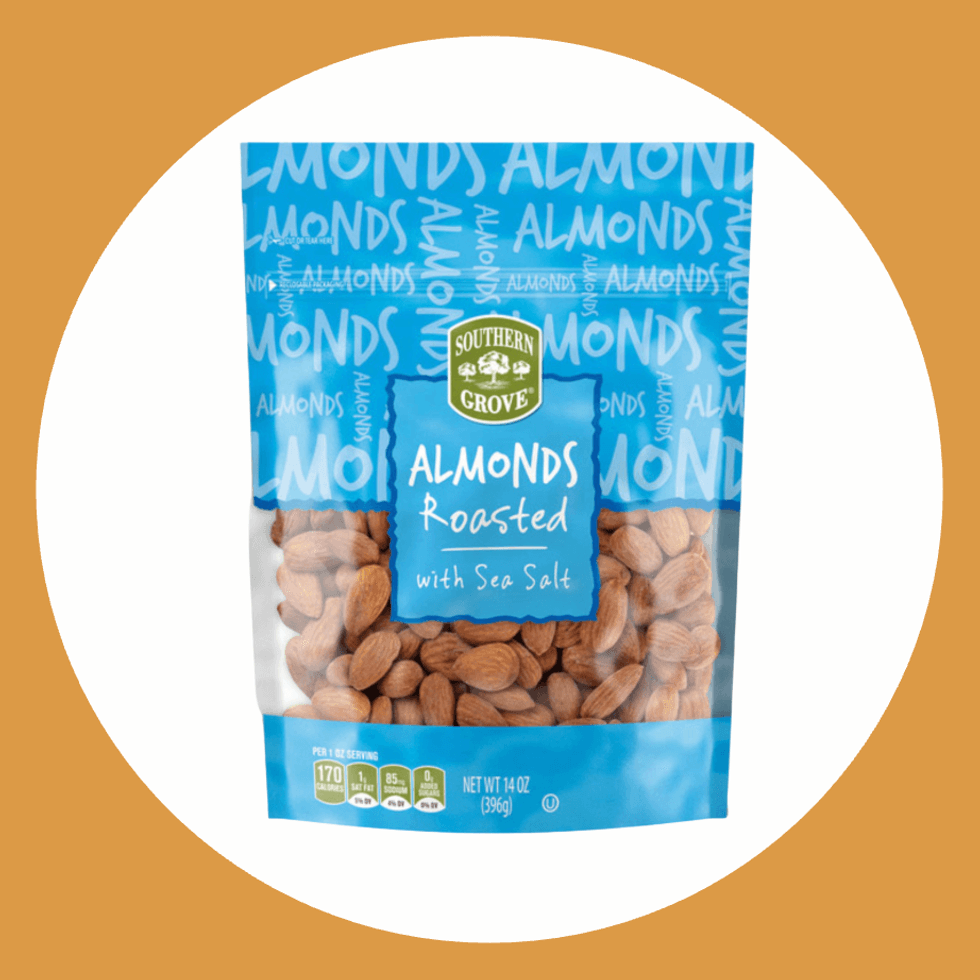 Blue bag of roasted almonds with sea salt.