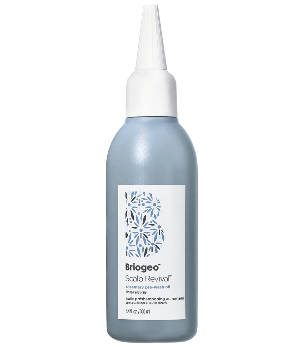 Blue bottle of Briogeo Scalp Revival pre-wash oil with white cap.
