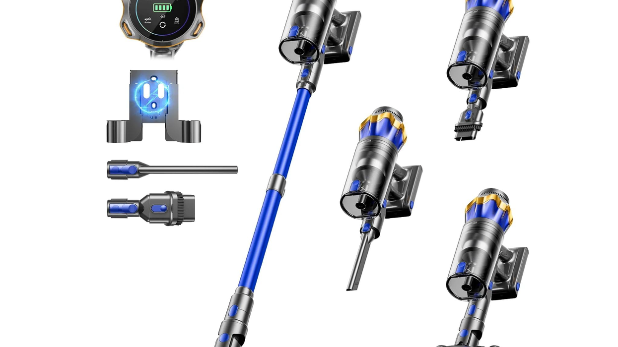 Blue cordless vacuum cleaner with attachments and digital display.