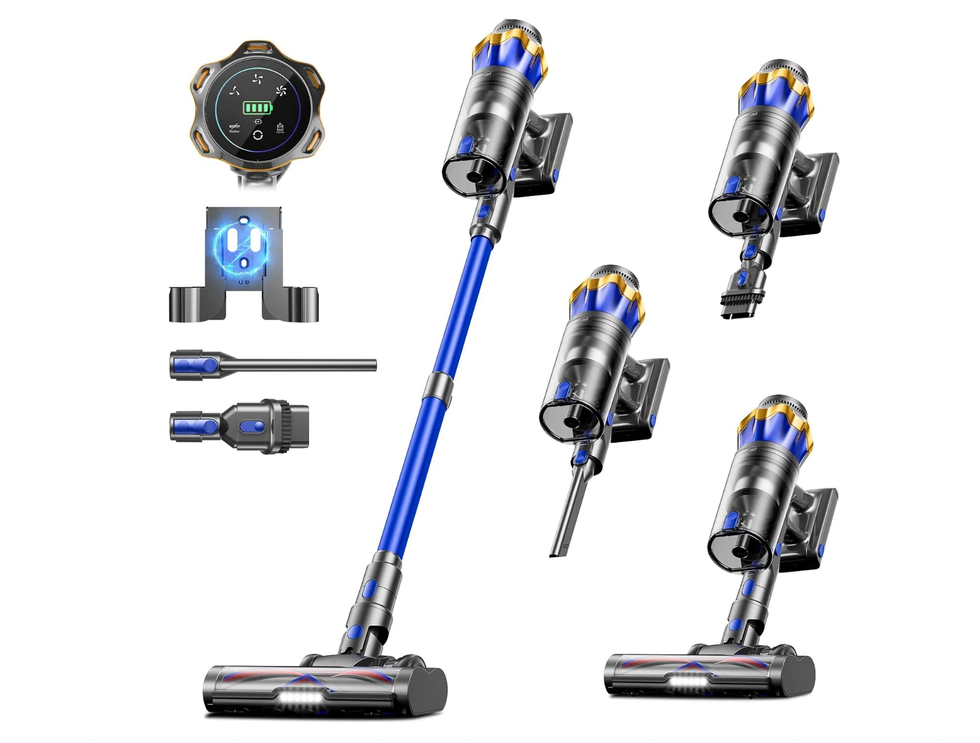 Blue cordless vacuum cleaner with attachments and digital display.