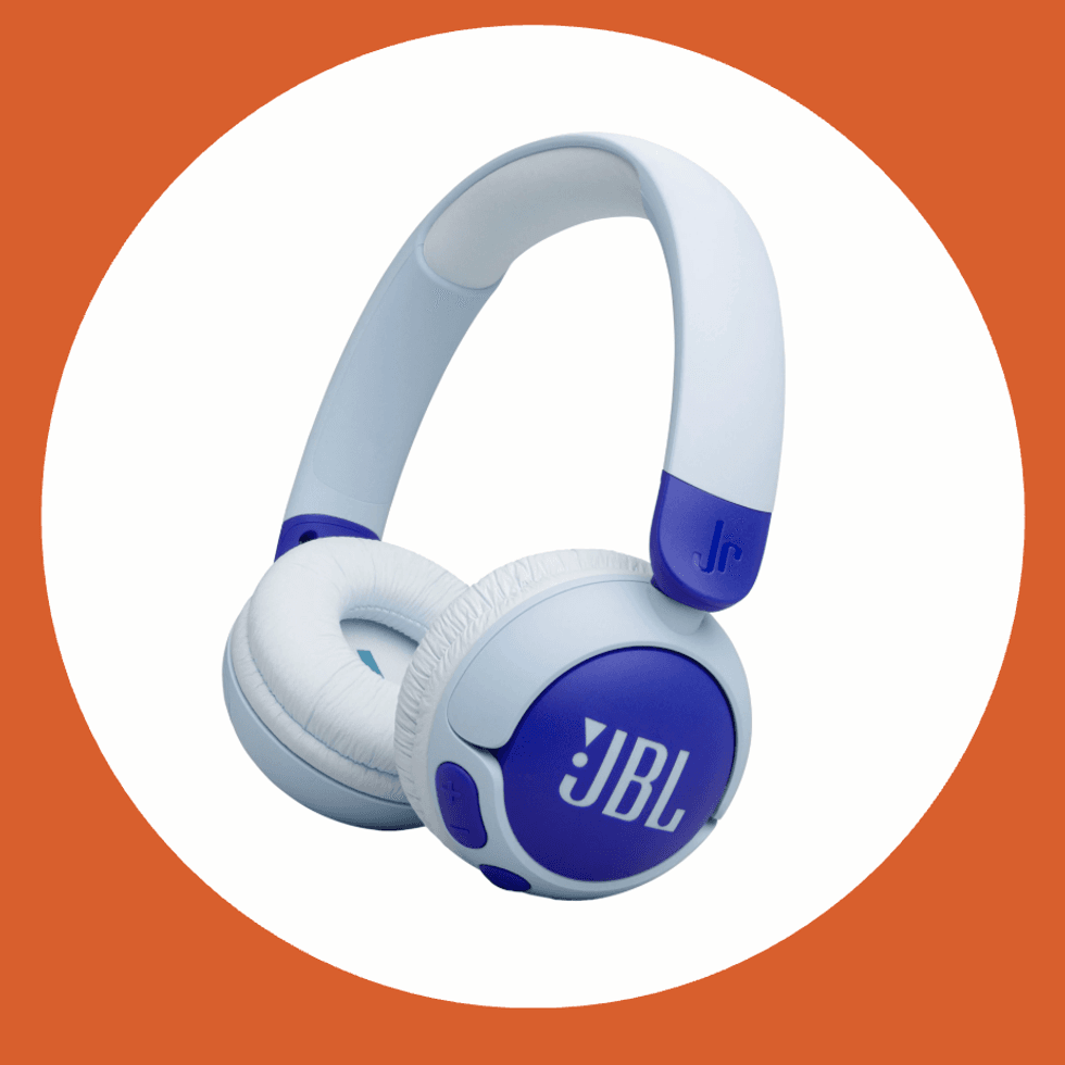 Blue JBL headphones with white padding on an orange and white background.