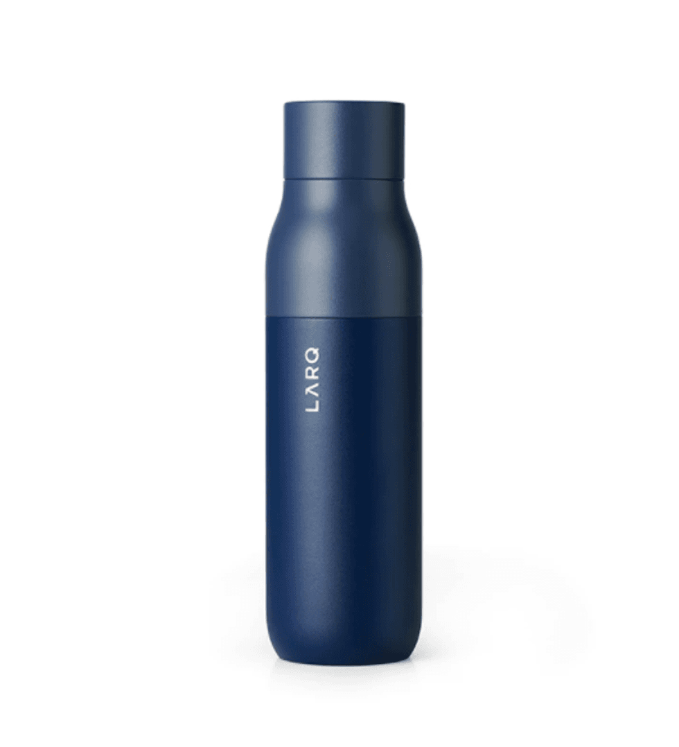 Blue LARQ water bottle with a sleek design on a white background.
