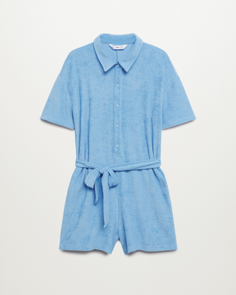 blue mango towel jumpsuit with tie waist and short sleeves