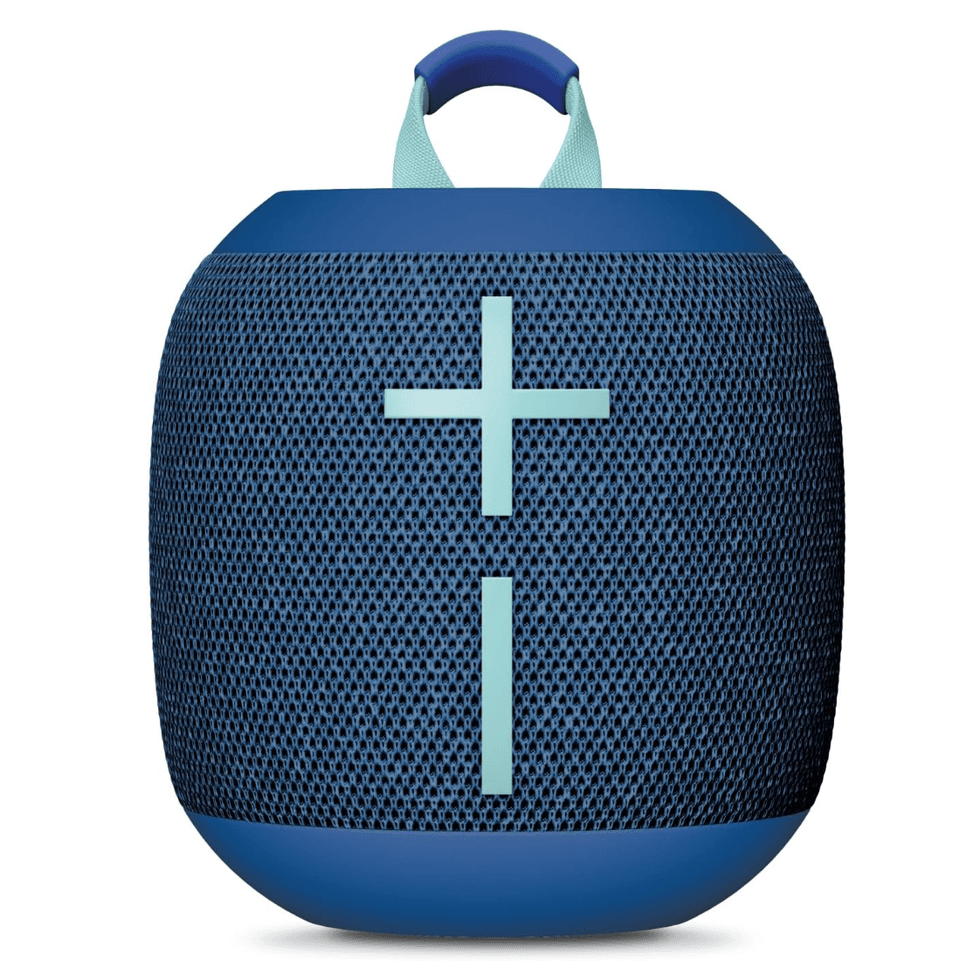 Blue portable Bluetooth speaker with plus and minus volume buttons.